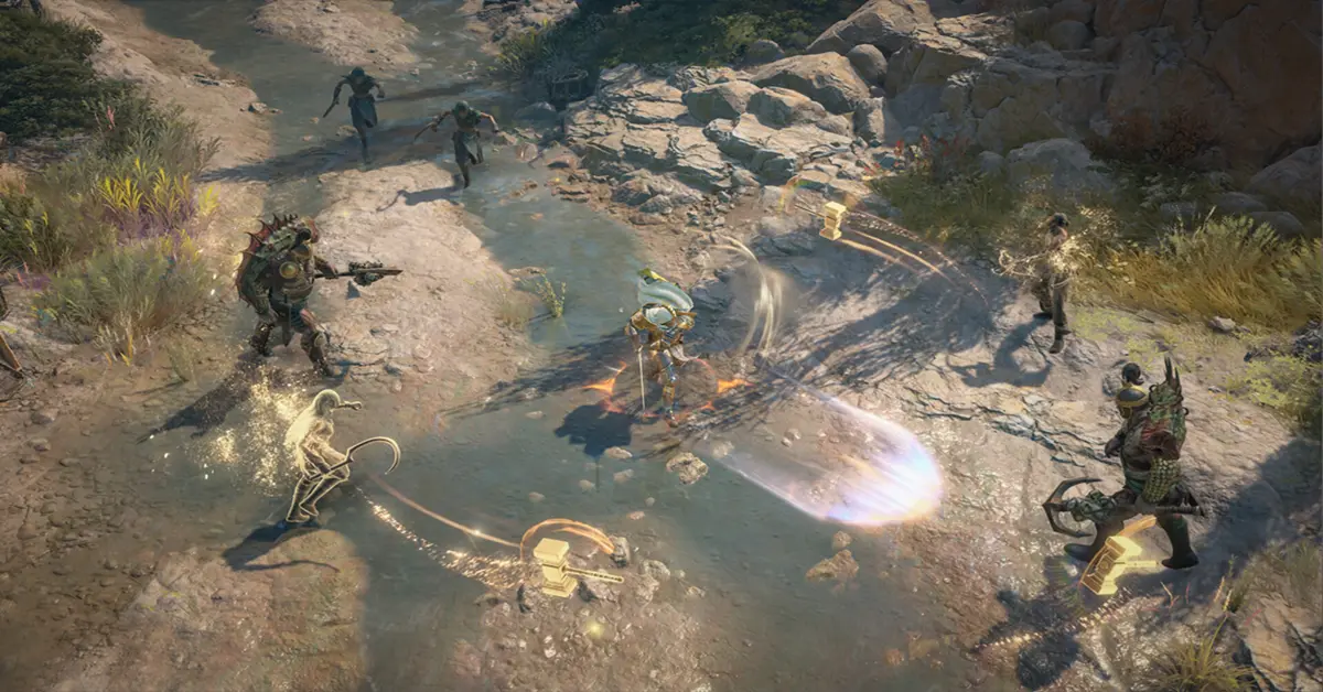 Gameplay-Screenshot, qui einen Paladin-Charakter zeigt, der ein glühendes rotes Schwert und einen Schild vor einem dunklen Hintergrund in Diablo IV führt