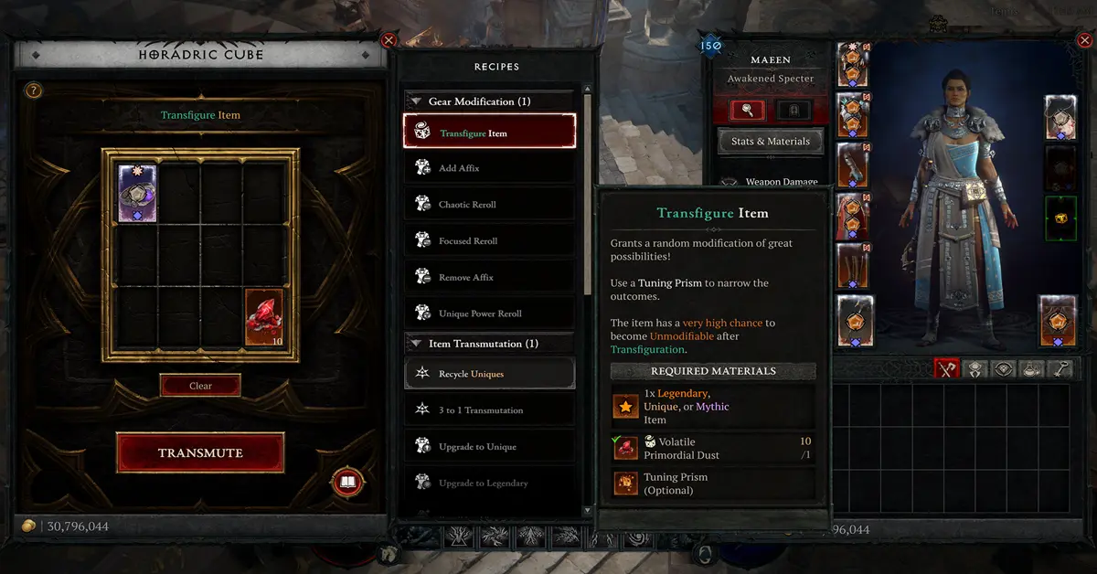 Gameplay-Screenshot von Diablo IV Lord of Hatred mit dem neuen Edelstein-Inventar-UI.
