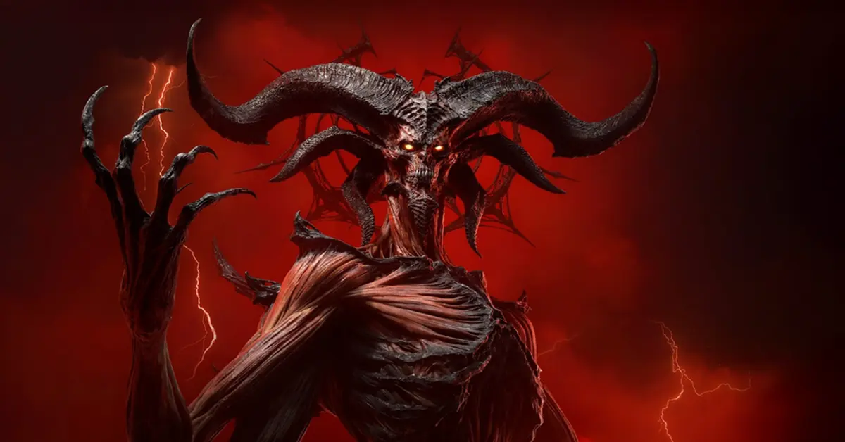 Diablo IV Lord of Hatred offizielles Artwork mit einer korrumpierten dämonischen Gestalt vor einem kahlen roten Hintergrund