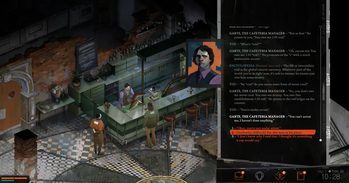 Die komplexe Benutzeroberfläche für Fähigkeitsprüfungen und Dialoge in Disco Elysium