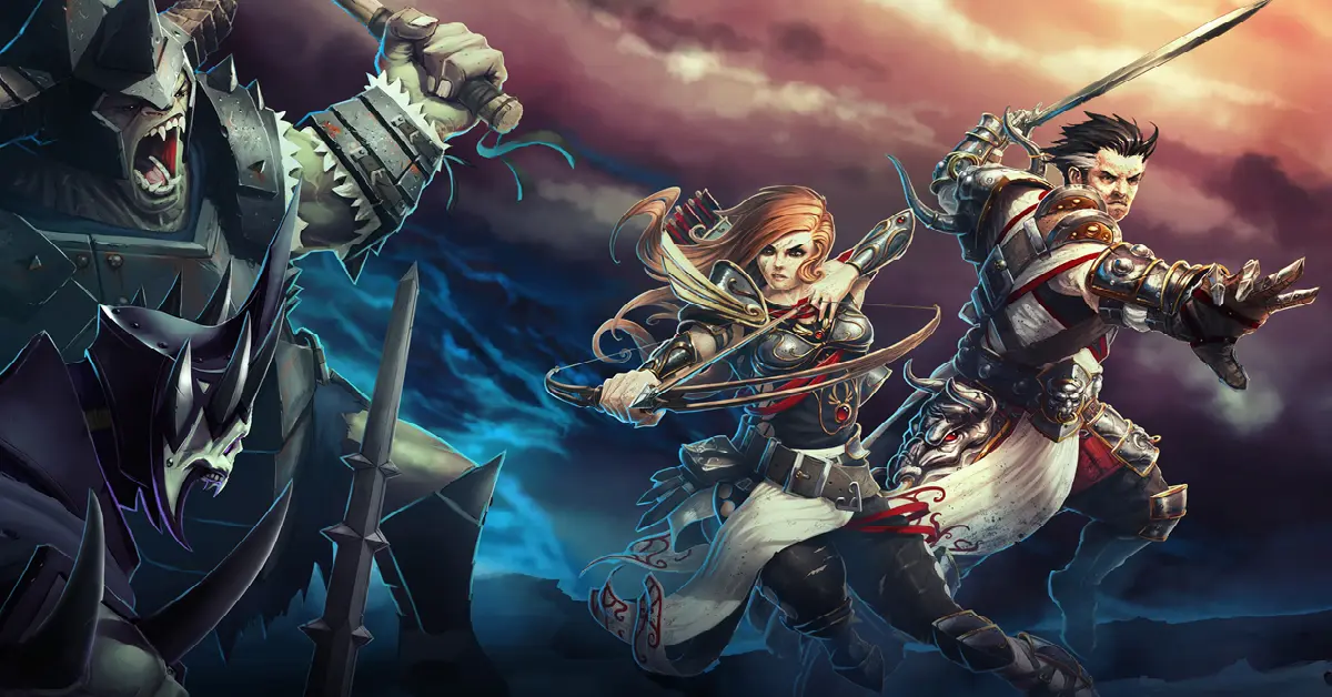 Das Hauptmotiv von Divinity Original Sin Enhanced Edition, das die Hauptcharaktere bei der Erkundung einer lebendigen, detaillierten Fantasy-Umgebung zeigt.