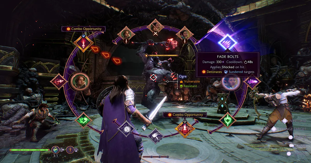 Fähigkeitenrad im Kampf und Taktik-Schnittstelle der Gefährten in Dragon Age The Veilguard.