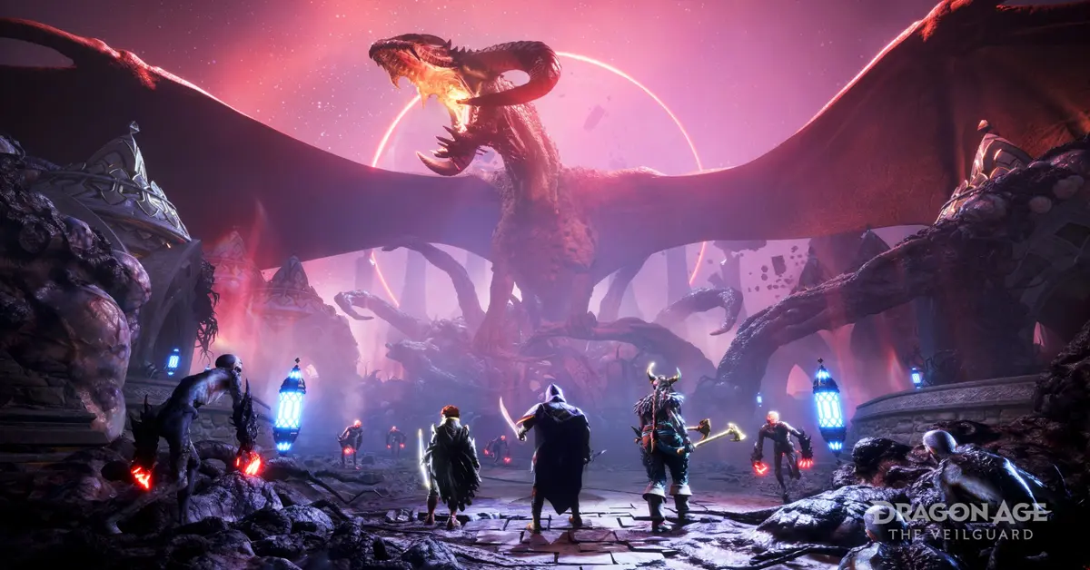 Rook und Gefährten im Kampf gegen eine elfische Gottheit im PC-Gameplay von Dragon Age The Veilguard.