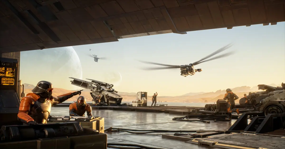 Eine Staffel Ornithopter fliegt über eine stark befestigte Spielerbasis in der Wüste.