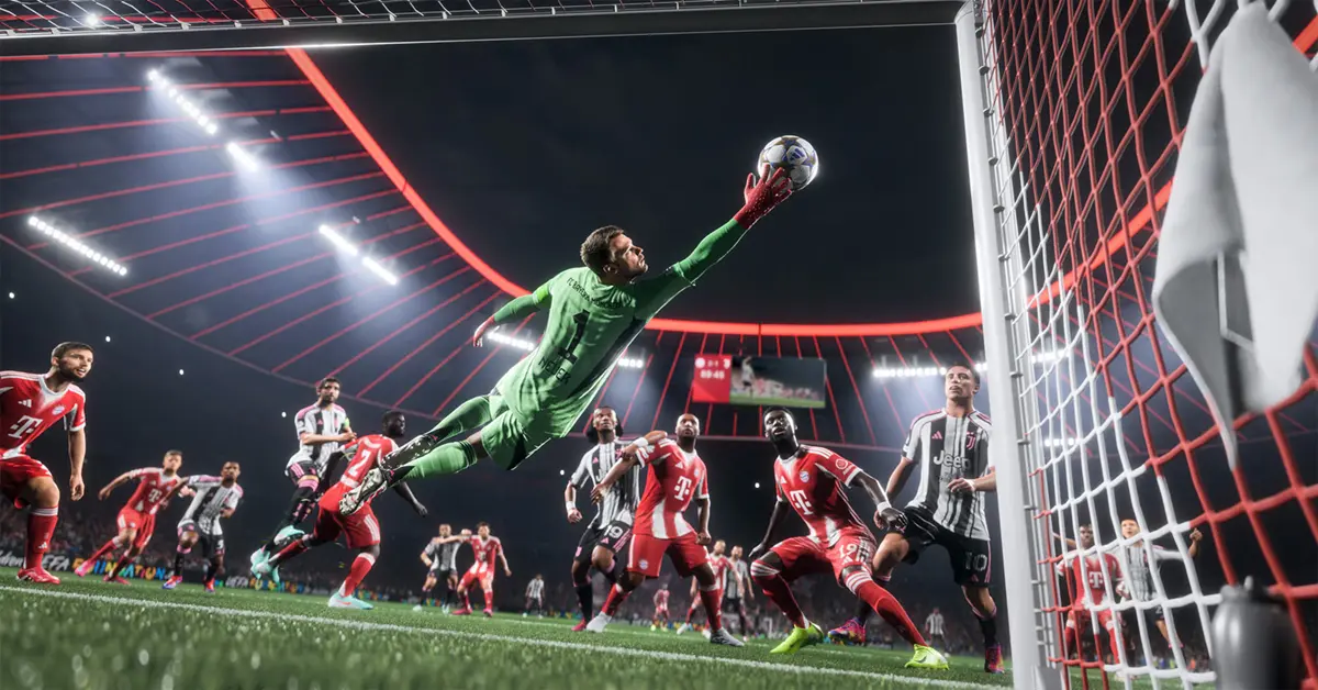 Ein Torhüter in EA Sports FC 26 bereitet sich auf einen Abschlag vor.