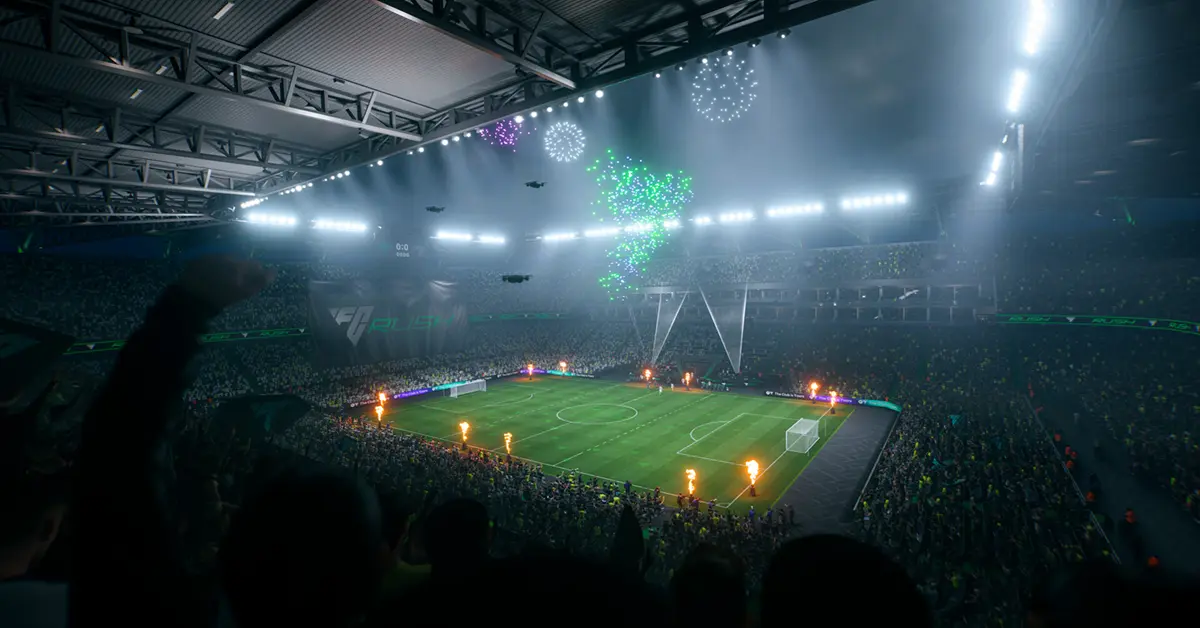 EA Sports FC 26 Gameplay zeigt ein Stadion-Match im finalen Saison-Endspurt.