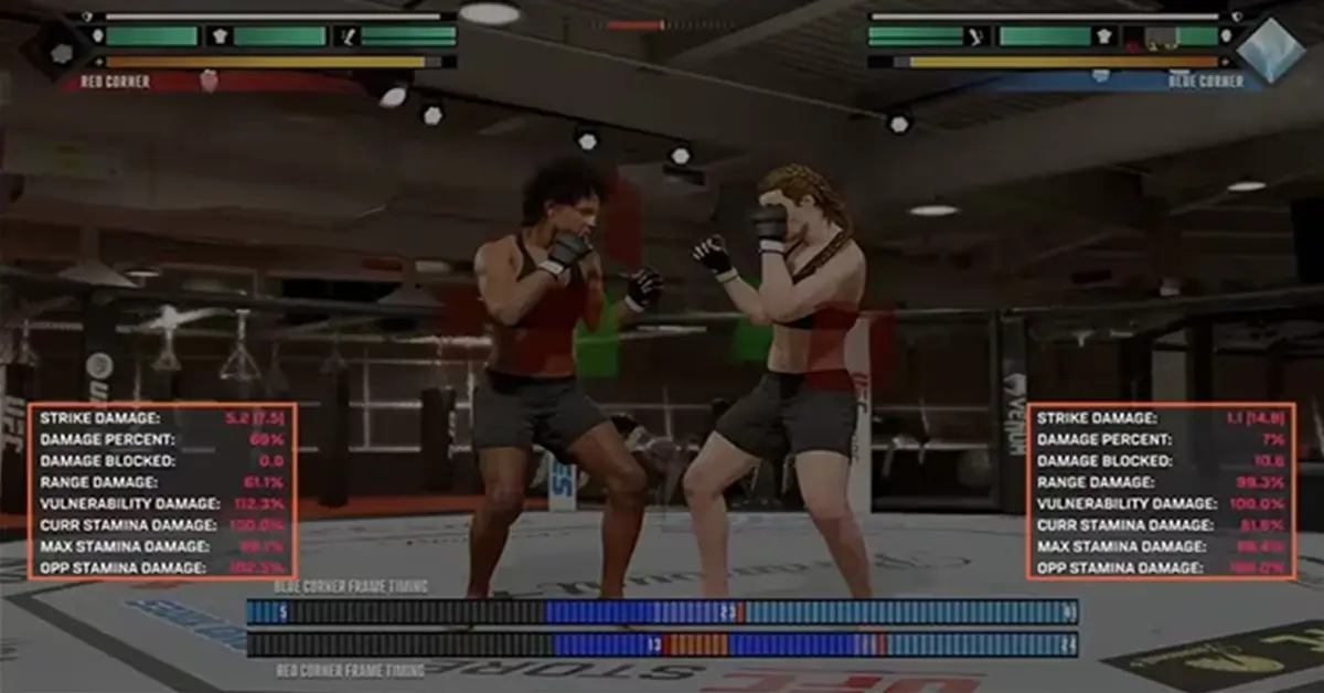 UFC 6 Kämpfer-Gameplay-Bildschirm mit Leistungsmetriken