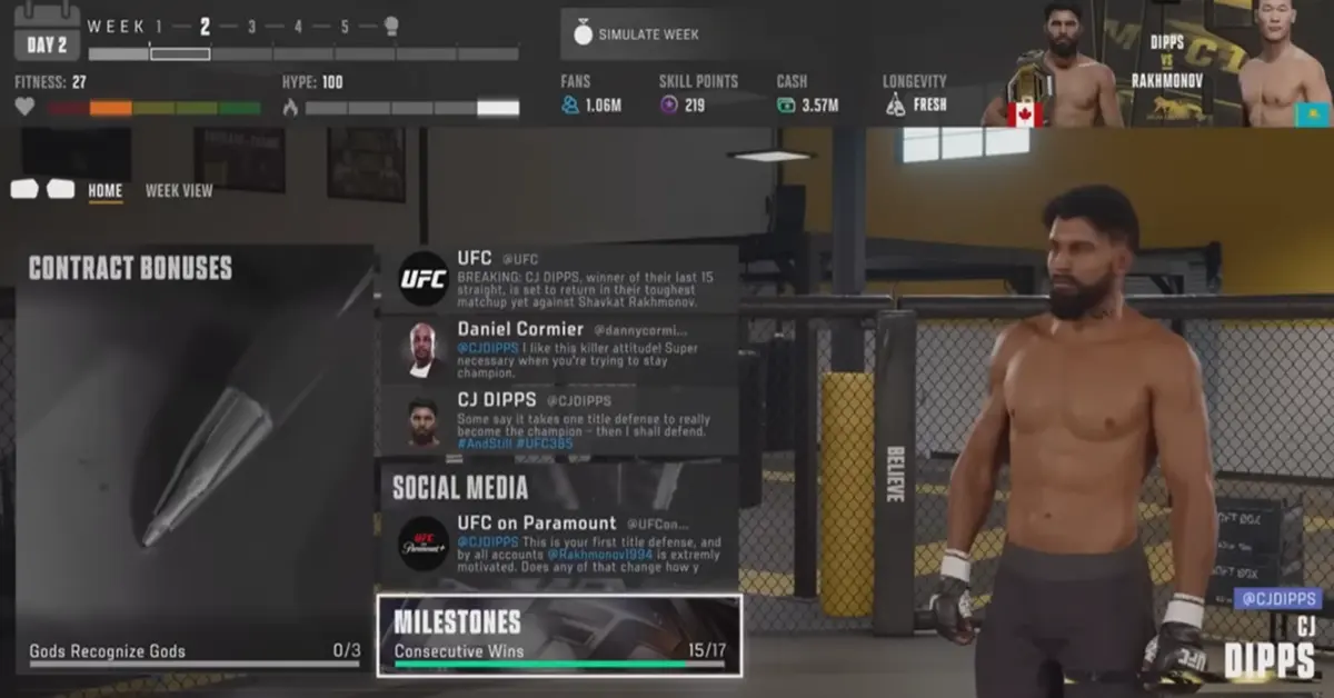 Die neue Karrieremodus-Benutzeroberfläche von EA Sports UFC 6 mit Dialogoptionen und Kämpfer-Hype-Anzeigen