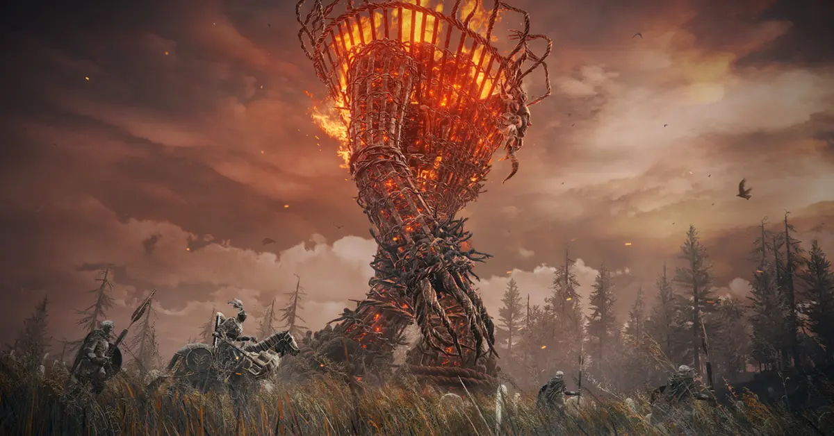 Ein schwer gepanzerter Spielercharakter kämpft in der Erweiterung gegen einen riesigen flammenden Golem-Gegner