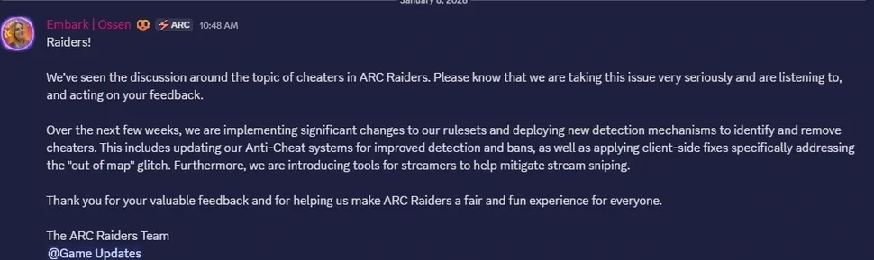 Embark Studios veröffentlicht Erklärung an ARC Raiders Cheater