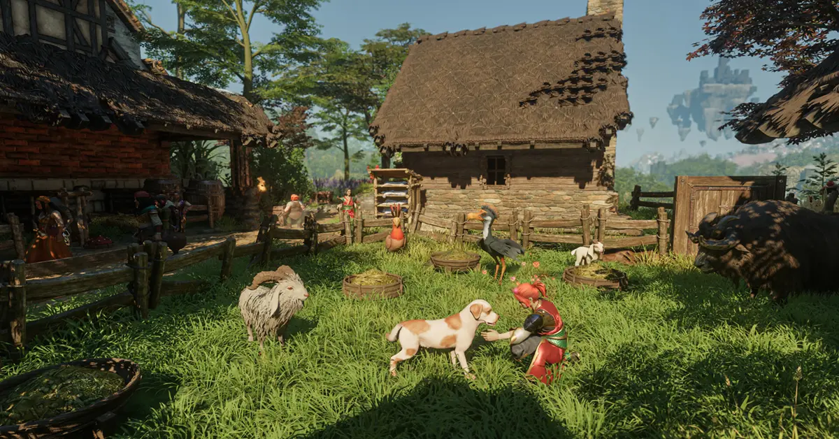 Ein Spieler steht neben neu zähmbaren Wildtieren in einer Enshrouded-Basis