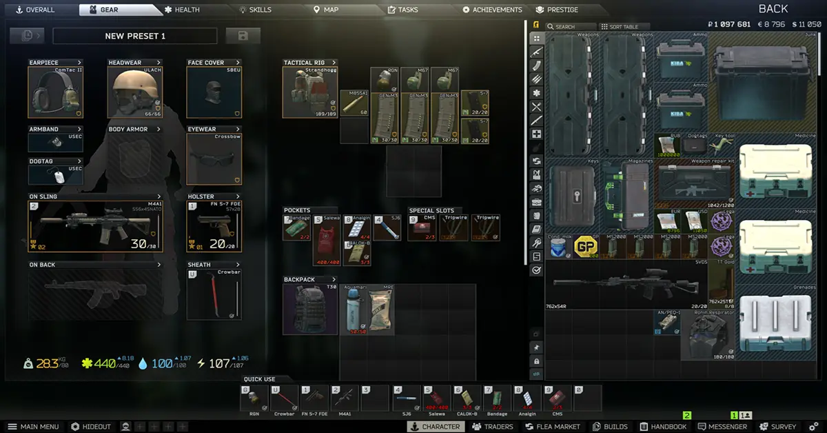 Vergleichsübersicht des Escape from Tarkov-Inventarlagers und der sicheren Behälter.