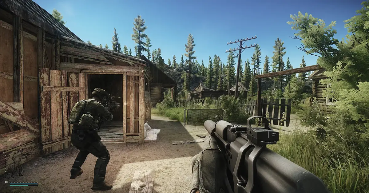 Ein PMC-Operator in Escape from Tarkov bahnt sich seinen Weg durch einen Raid in der Region Norvinsk.