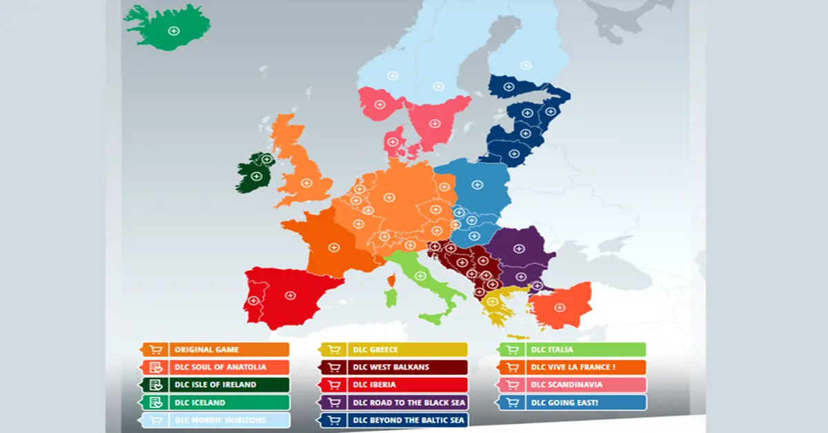 Kartenoberfläche mit erweiterten europäischen Gebieten in Euro Truck Simulator 2