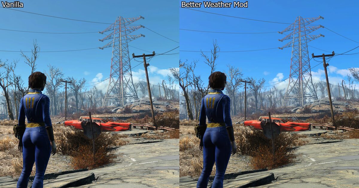 Ein stark gemoddeter Gameplay-Screenshot, der verbesserte Wettereffekte und realistische Beleuchtung in Fallout 4 zeigt.