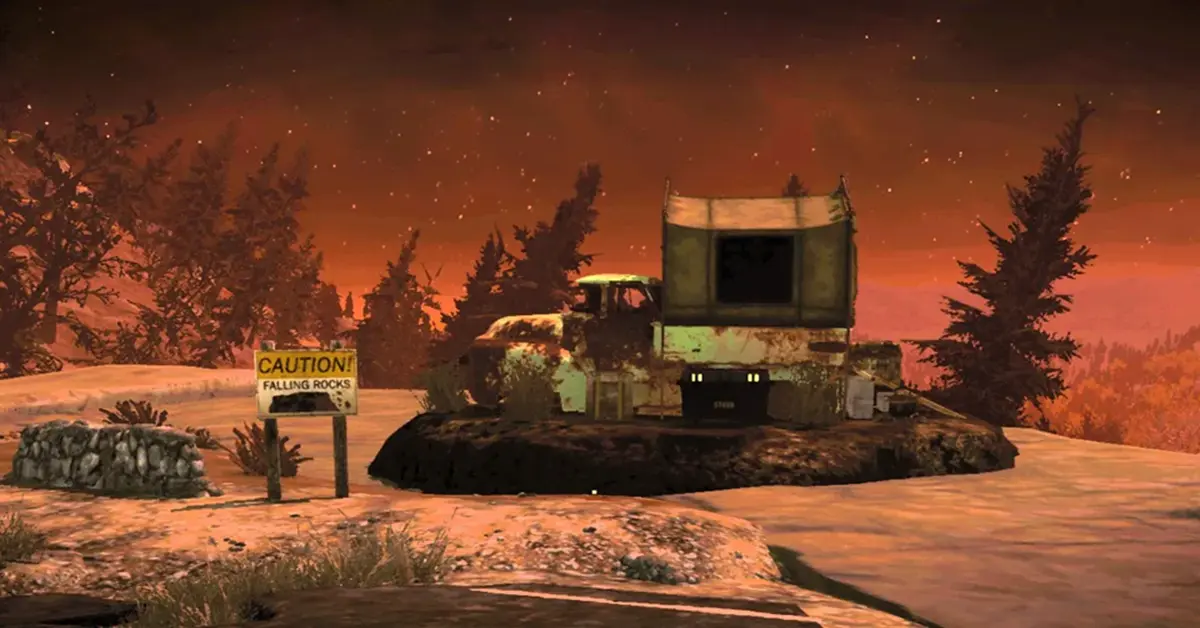 Ein Spieler nutzt das aufstellbare Überlebenszelt in einer stark verstrahlten Zone von Fallout 76.