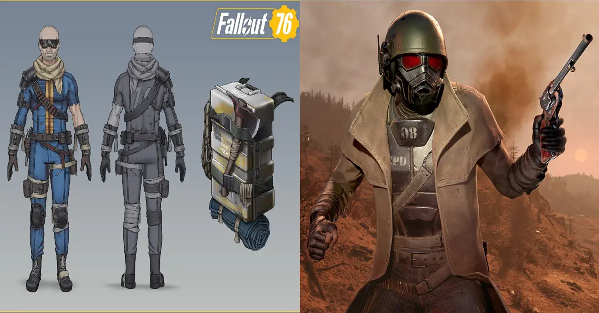 Eine geteilte Ansicht, die den Standard-Vault-Anzug aus Fallout 76 mit der Premium-Rüstung Fallout 1st Ranger vergleicht.