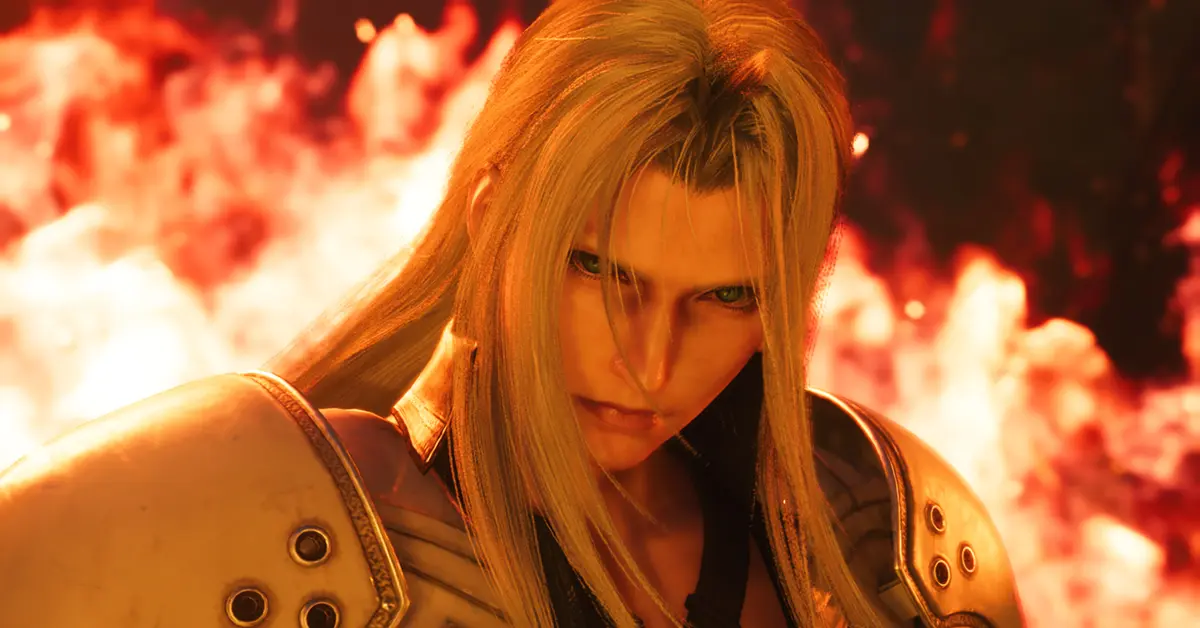 Sephiroth steht inmitten von Flammen in einer Flashback-Sequenz.