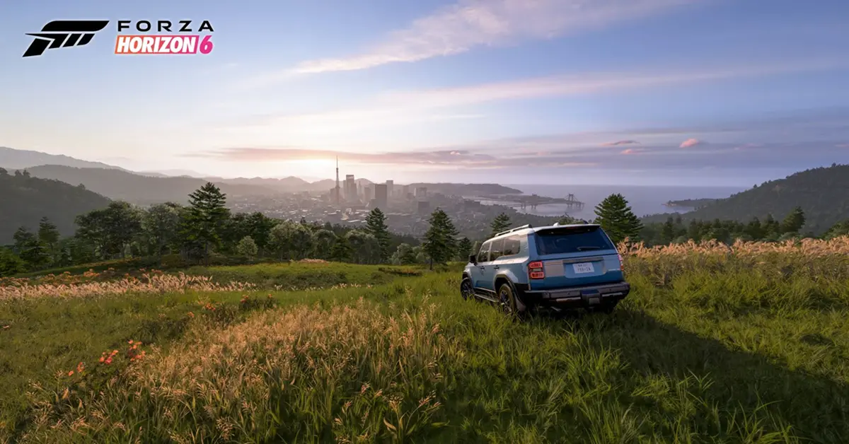 Eine malerische Aussicht auf gewundene Bergpässe außerhalb von Tokio in Forza Horizon 6 während der Dämmerung.