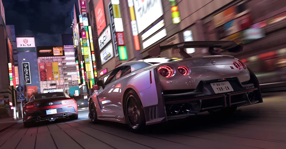 Eine stilisierte Straßenrennszene in Tokio aus Forza Horizon 6, die ikonische japanische Autos unter Neonlichtern zeigt.