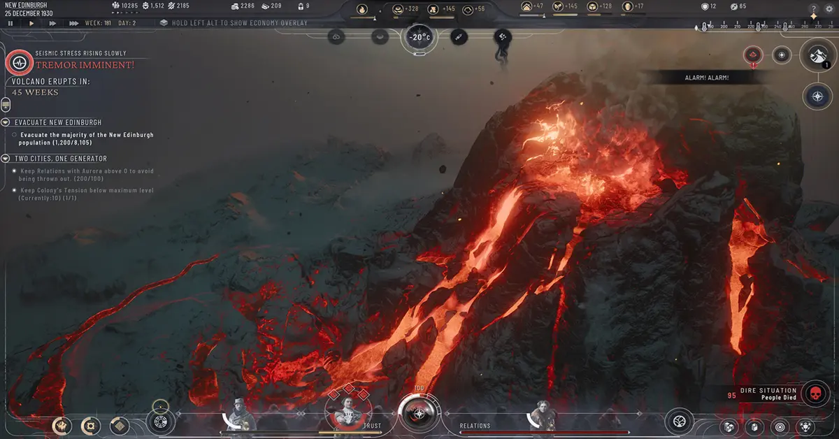 Frostpunk 2 UI, das vulkanischen Ascheregen über der Kolonie New Edinburgh zeigt