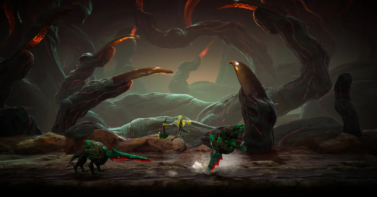 Gameplay-Screenshot von Grime II, der zeigt, wie der Spielercharakter eine steinähnliche Form beschwört, um einen Boss anzugreifen.