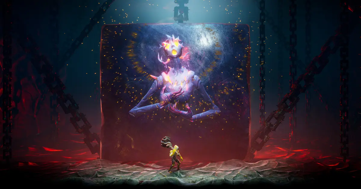 Ein surrealer, felsiger Protagonist in Grime II absorbiert einen besiegten Feind in einer dunklen, atmosphärischen Höhle.