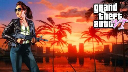 GTA VI bewaffnetes Mädchen im Sonnenuntergang Palmen