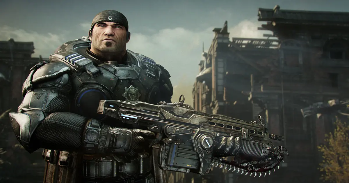 Marcus Fenix zielt mit seinem Lancer-Sturmgewehr im 4K-Remaster von Gears of War Reloaded.