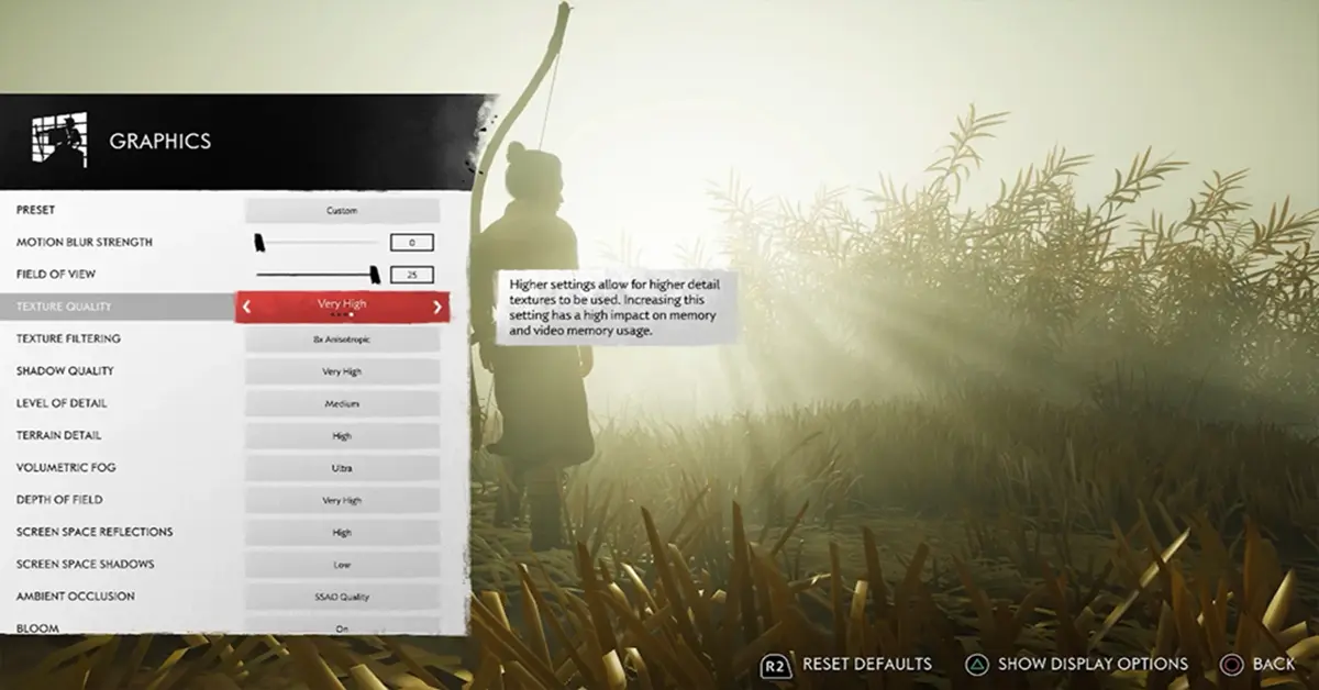 Ghost of Tsushima PC-Einstellungsmenü mit Grafik- und Performance-Optionen.
