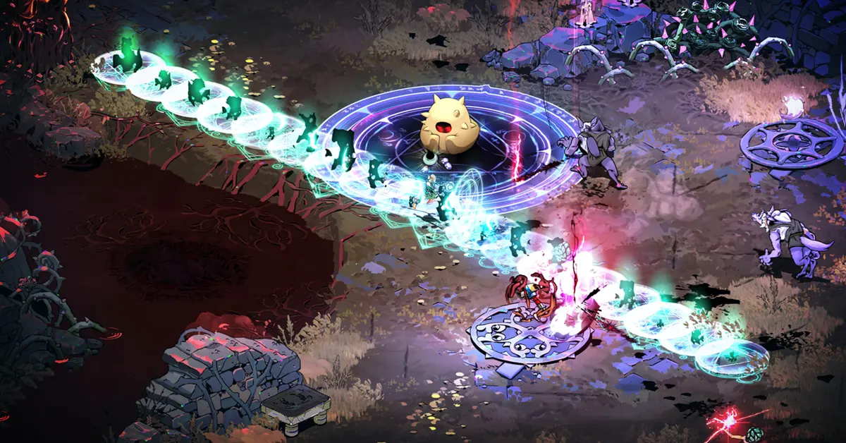 Melinoe kämpft gegen Feinde in einem lebendigen, isometrischen Unterwelt-Dungeon in Hades II.