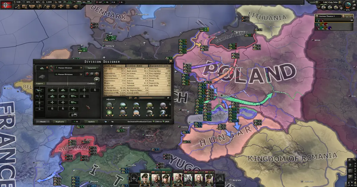 Eine detaillierte Ansicht der Grand-Strategy-Karte von Hearts of Iron IV mit europäischen Grenzen und Truppenaufmärschen