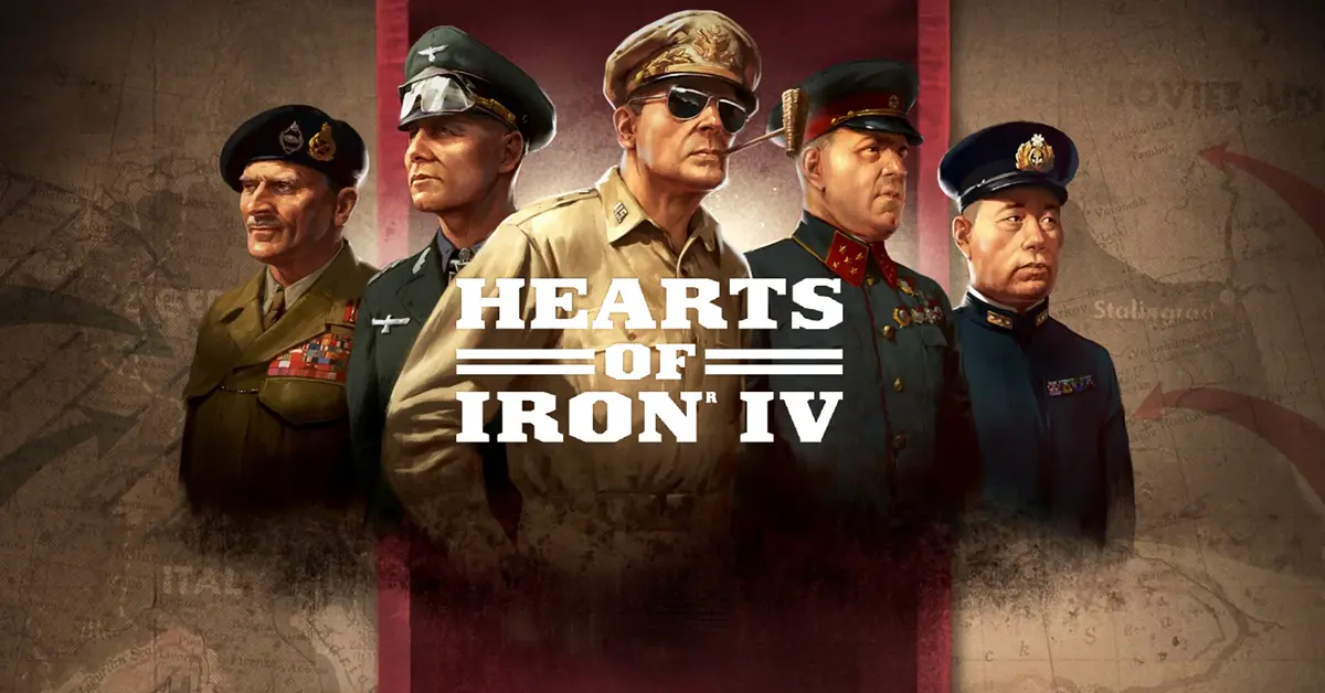 Hauptgrafik von Hearts of Iron IV mit Generälen des Zweiten Weltkriegs und strategischen Kartenelementen