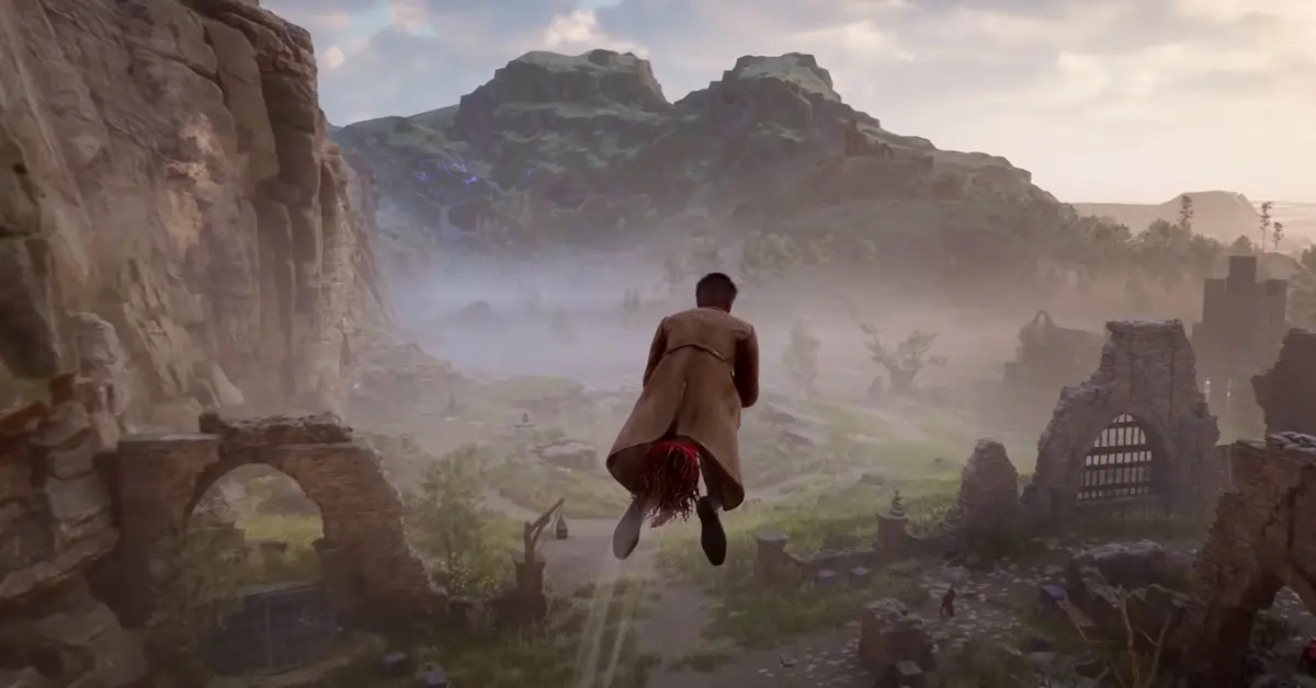 Ein Spielercharakter fliegt auf einem Besen über den weitläufigen Verbotenen Wald