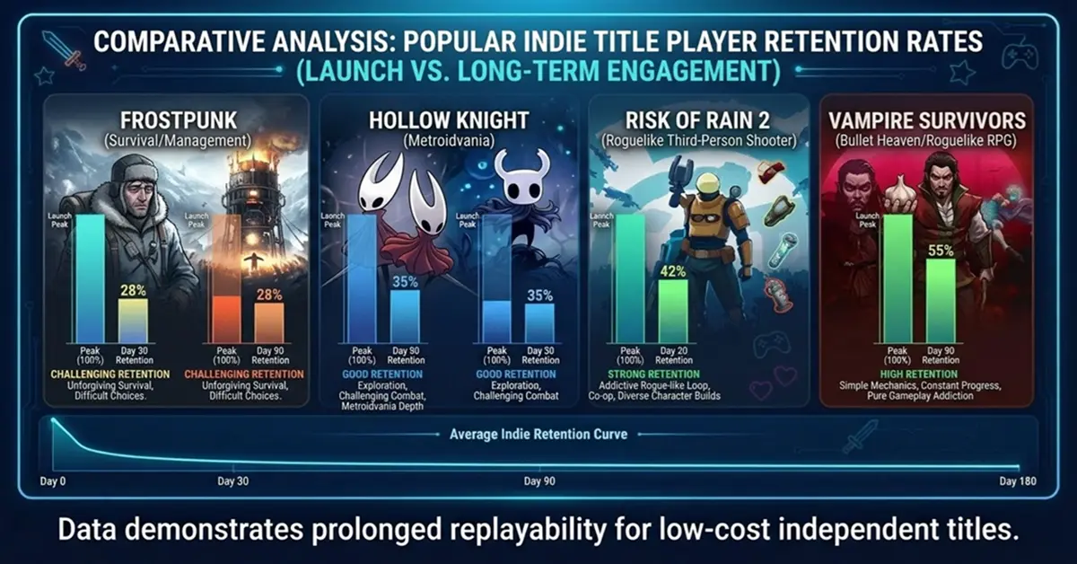 Infografik zum Vergleich der Spielerbindungsraten bei beliebten Indie-Titeln