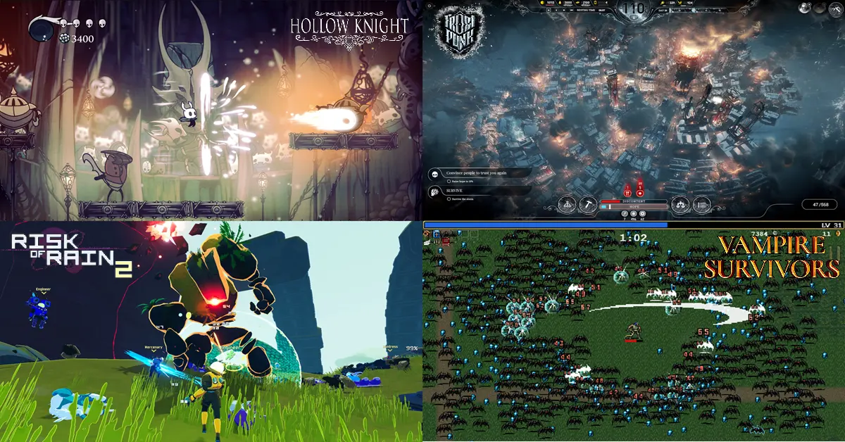 Vier geteilte Panels, die unterschiedliche Gameplay-Grafiken aus Frostpunk, Hollow Knight, Risk of Rain 2 und Vampire Survivors zeigen