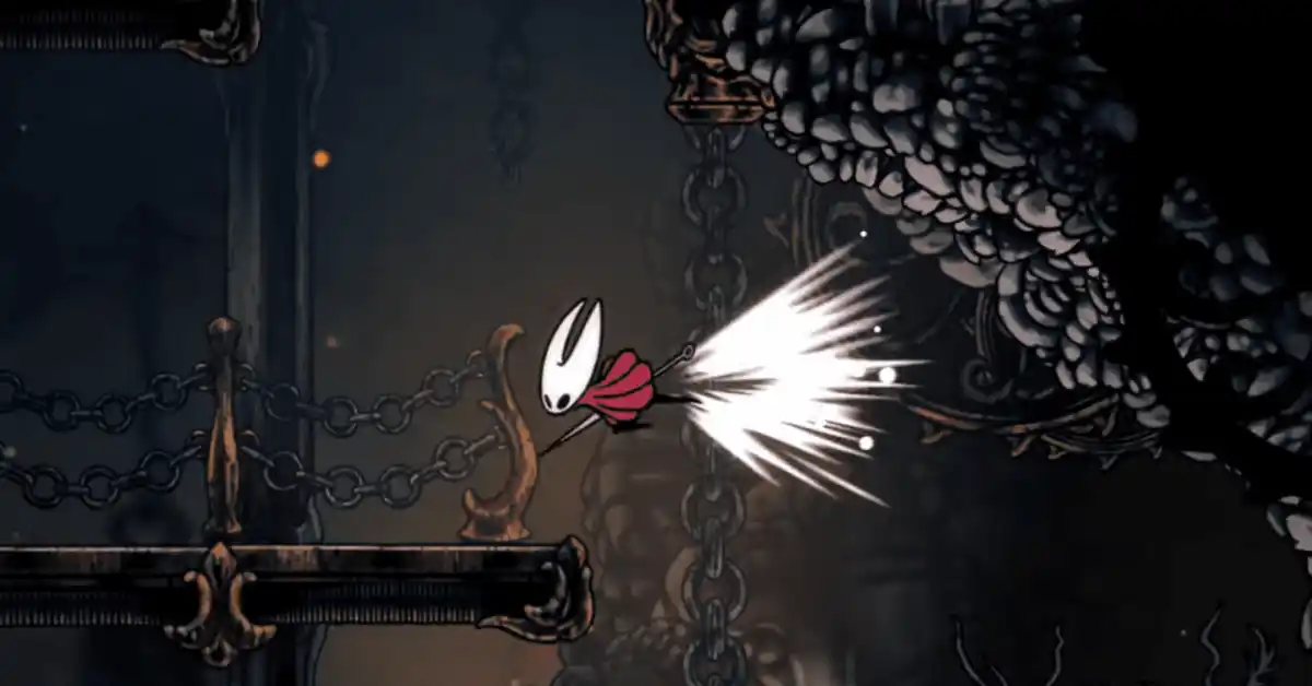 Hornet stürmt durch die vergoldete Stadt Pharloom in Hollow Knight: Silksong.