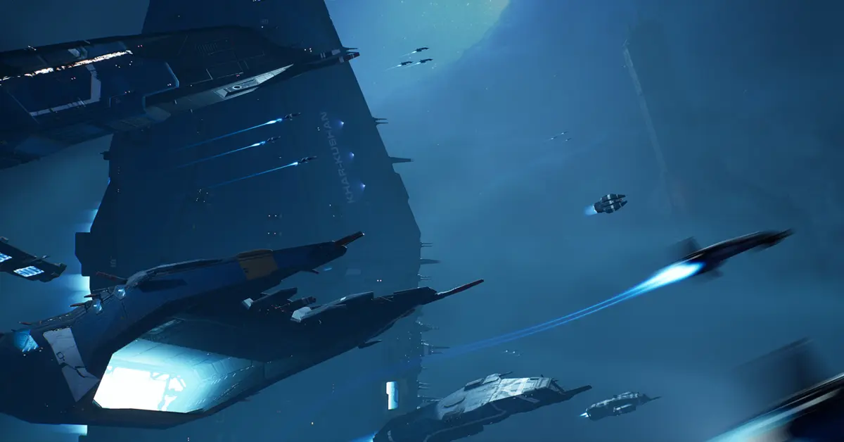 Eine Flotte hiigaranischer Schiffe, die um eine massive Raumstation manövriert.