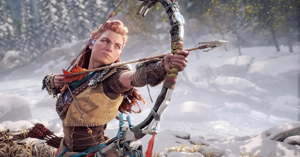 Hochauflösender Gameplay-Screenshot von Horizon Forbidden West auf Ultra-PC-Einstellungen, der Aloy zeigt, wie sie mit ihrem Bogen zielt