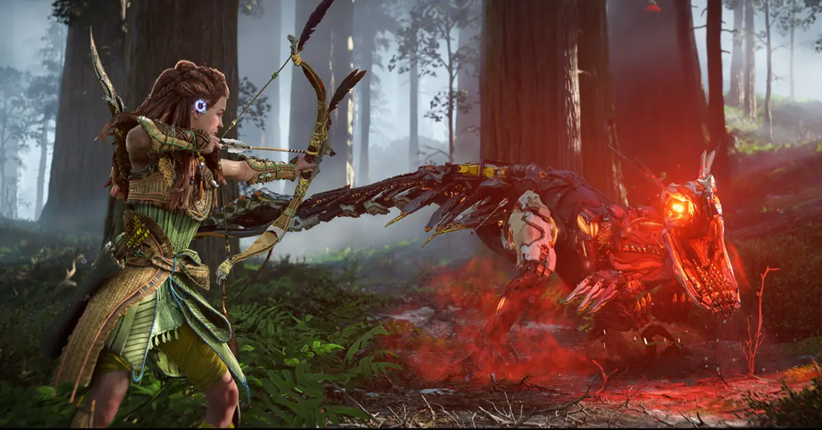 Aloy spannt ihren Bogen gegen eine große mechanische Kreatur in einer üppigen Dschungelumgebung in Horizon Forbidden West.