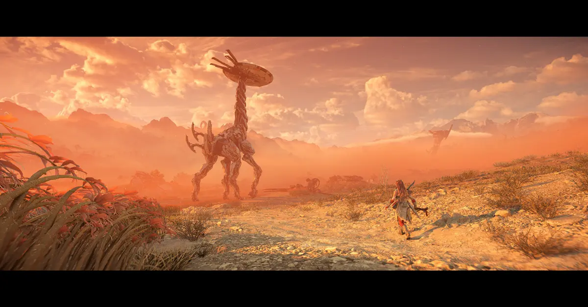 Gameplay-Screenshot von Aloy, die eine ruinenhafte mechanische Landschaft in Horizon Forbidden West auf dem PC erkundet.