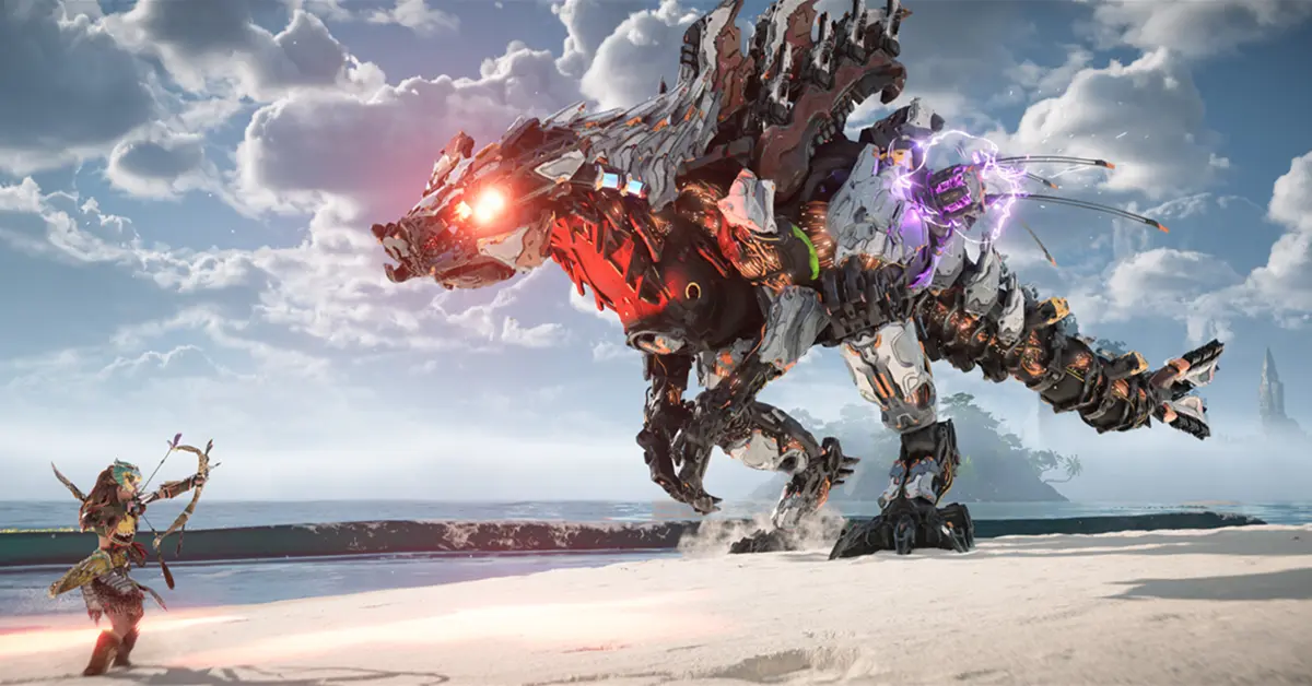 Aloy kämpft gegen eine mechanische Maschine in Horizon Forbidden West PC