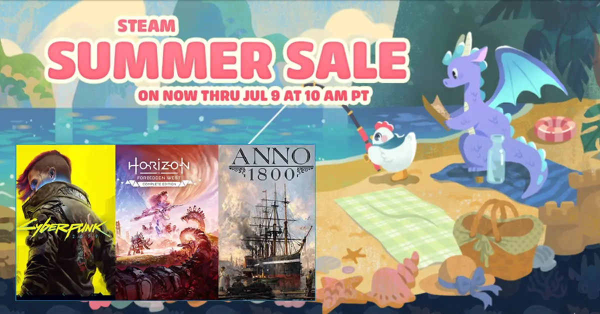 Steam Summer Sale Bundle-Rabatt-Grafik mit Cyberpunk 2077, Horizon Forbidden West und Anno 1800
