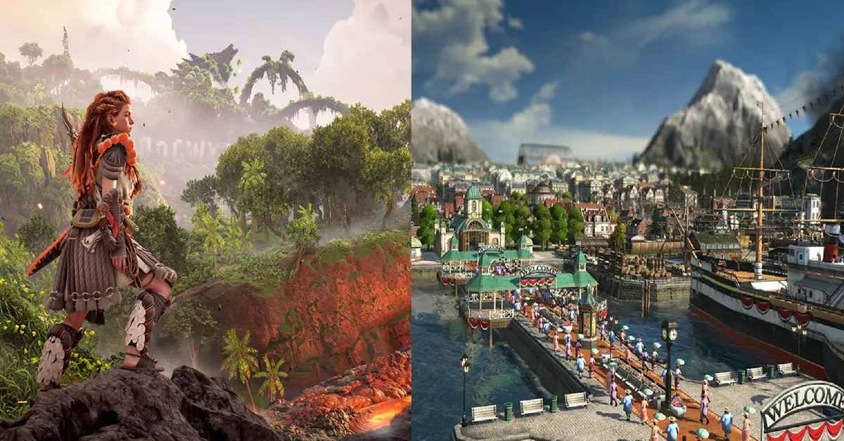 Geteiltes Bild, das links die üppigen, überwucherten Umgebungen von Horizon Forbidden West und rechts eine dichte, industrialisierte viktorianische Stadt in Anno 1800 zeigt.