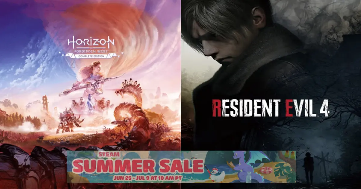 Ein geteilter Bildschirm, der das endende Logo des Steam Summer Sale neben PC-Spielecovern für Resident Evil 4 und Horizon Forbidden West zeigt.