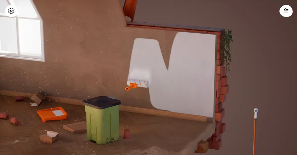 Ego-Perspektive beim Streichen einer Wand in Hozy, umgeben von Umzugskartons und Sonnenlicht.