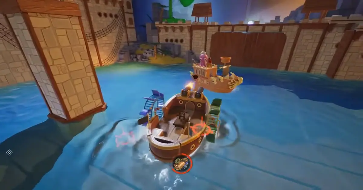 Cody und May kämpfen gegen einen riesigen Boss auf einem hölzernen Piratenschiff in It Takes Two