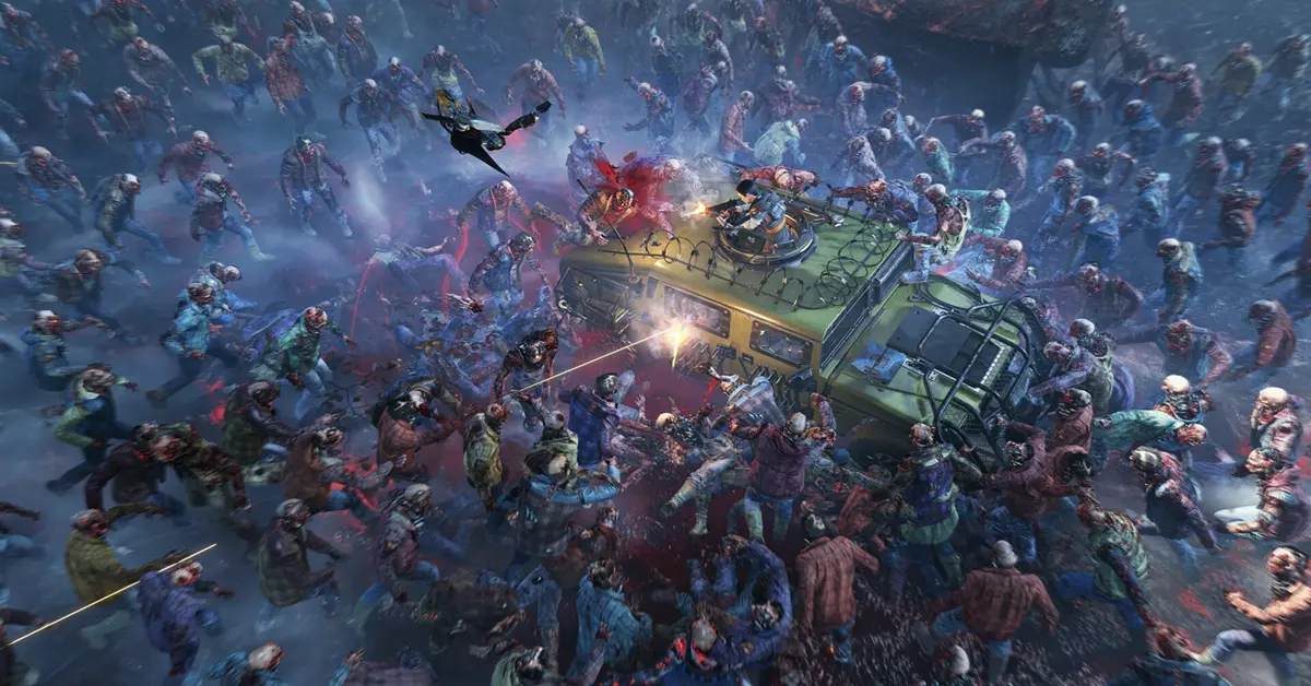 Ein gepanzertes Fahrzeug pflügt durch eine riesige Zombie-Horde in Toxic Commando