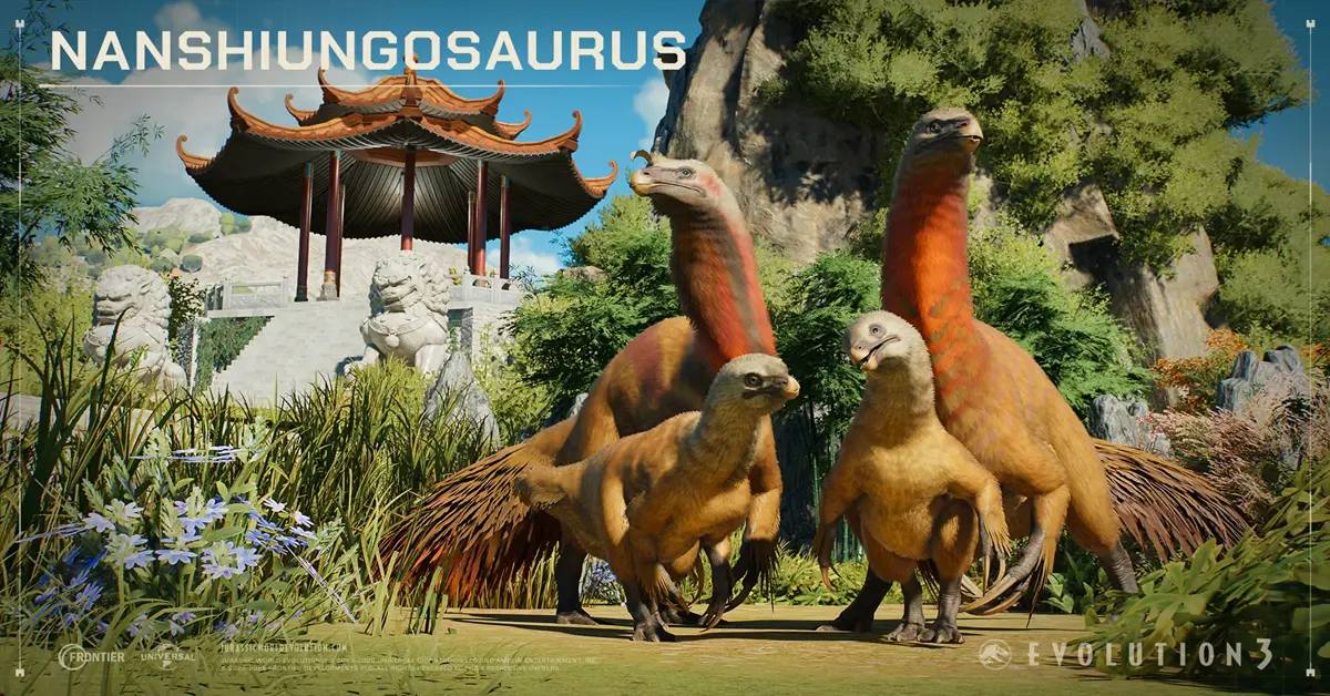 Ein junger Nanshiungosaurus geht neben einem ausgewachsenen Tier in einem üppigen, von Ostasien inspirierten Gehege