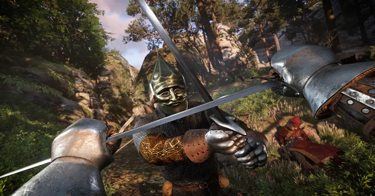 Eine First-Person-Ansicht eines mittelalterlichen Langschwertduells auf einer Waldlichtung in Kingdom Come: Deliverance.